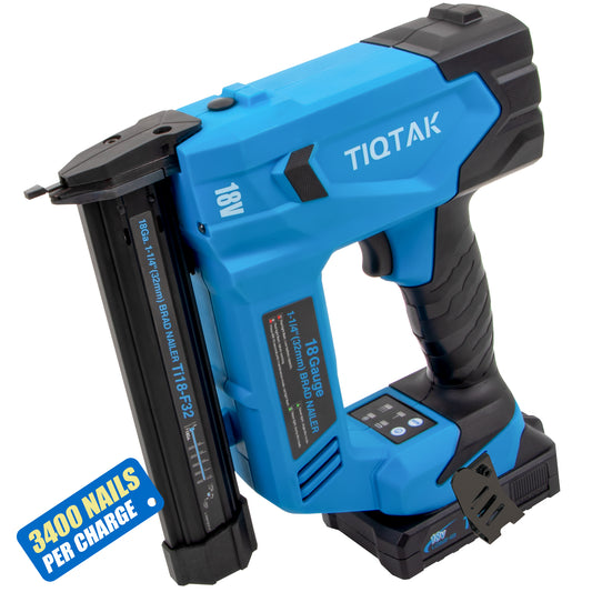 TIQTAK Ti18-F32  18GA Cordless Brad Nailer, Nail Gun Battery Powered, 3400 Nails per Charge, Electric Nail Gun Drives 3/8" to 1-1/4" Nails