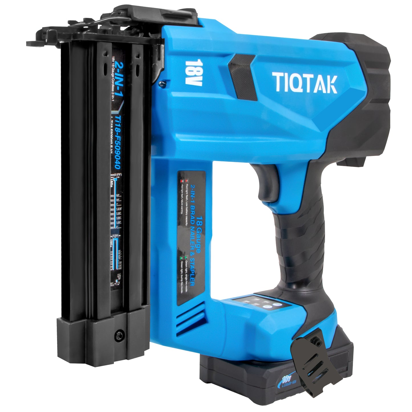 TIQTAK Ti18-F509040 Cordless Brad Nailer with Battery, 2-In-1 Electric Nail Gun/Staple Gun Drives 1600 Nails per Charge, 18 Gauge 5/8’’ to 2’’ Nails and 1/2’’ to 1-5/8’’ Staples