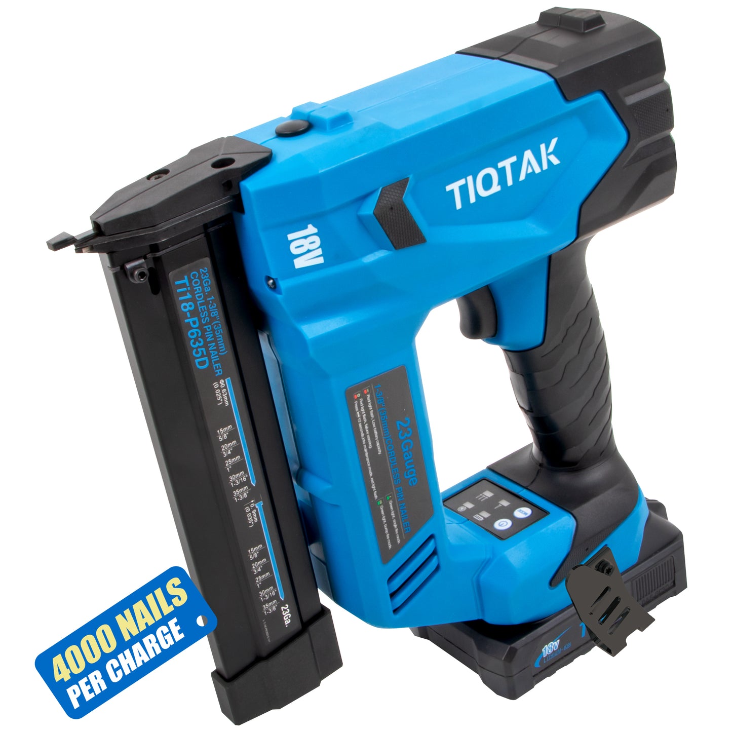 Ti18-p635D Pin Nailer 23 Gauge Cordless, Nail Gun Battery Powered, 4000 Nails per Charge, Brad Nailer Drives 5/8" to 1-3/8" Nails