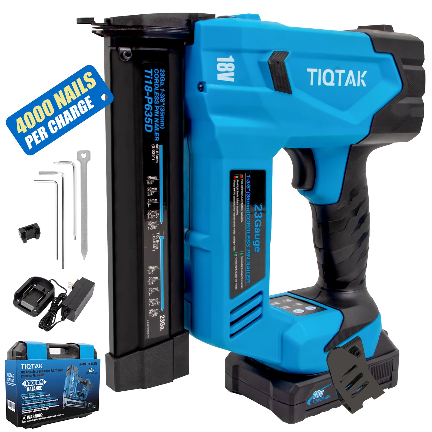 Ti18-p635D Pin Nailer 23 Gauge Cordless, Nail Gun Battery Powered, 4000 Nails per Charge, Brad Nailer Drives 5/8" to 1-3/8" Nails