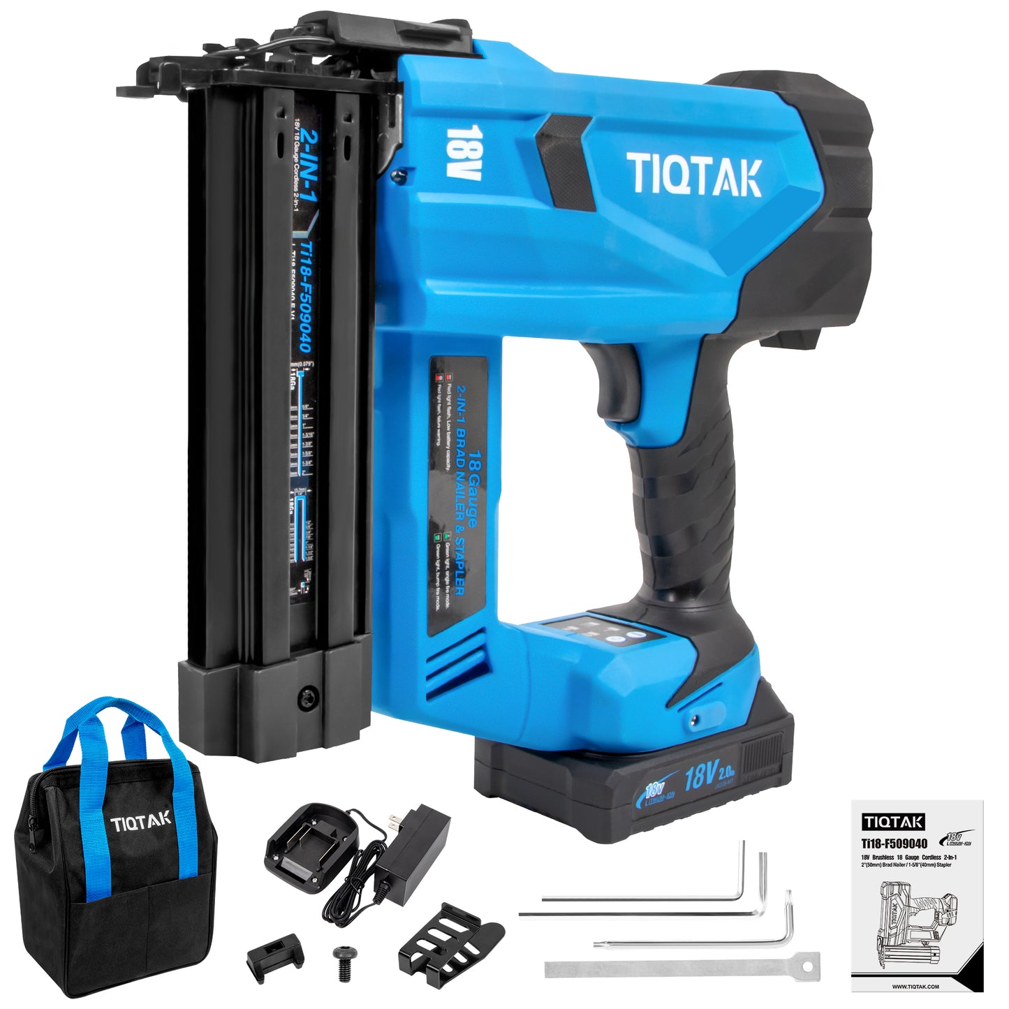 TIQTAK Ti18-F509040 Cordless Brad Nailer with Battery, 2-In-1 Electric Nail Gun/Staple Gun Drives 1600 Nails per Charge, 18 Gauge 5/8’’ to 2’’ Nails and 1/2’’ to 1-5/8’’ Staples