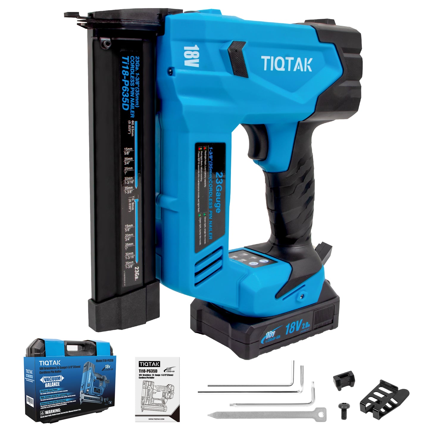 Ti18-p635D Pin Nailer 23 Gauge Cordless, Nail Gun Battery Powered, 4000 Nails per Charge, Brad Nailer Drives 5/8" to 1-3/8" Nails