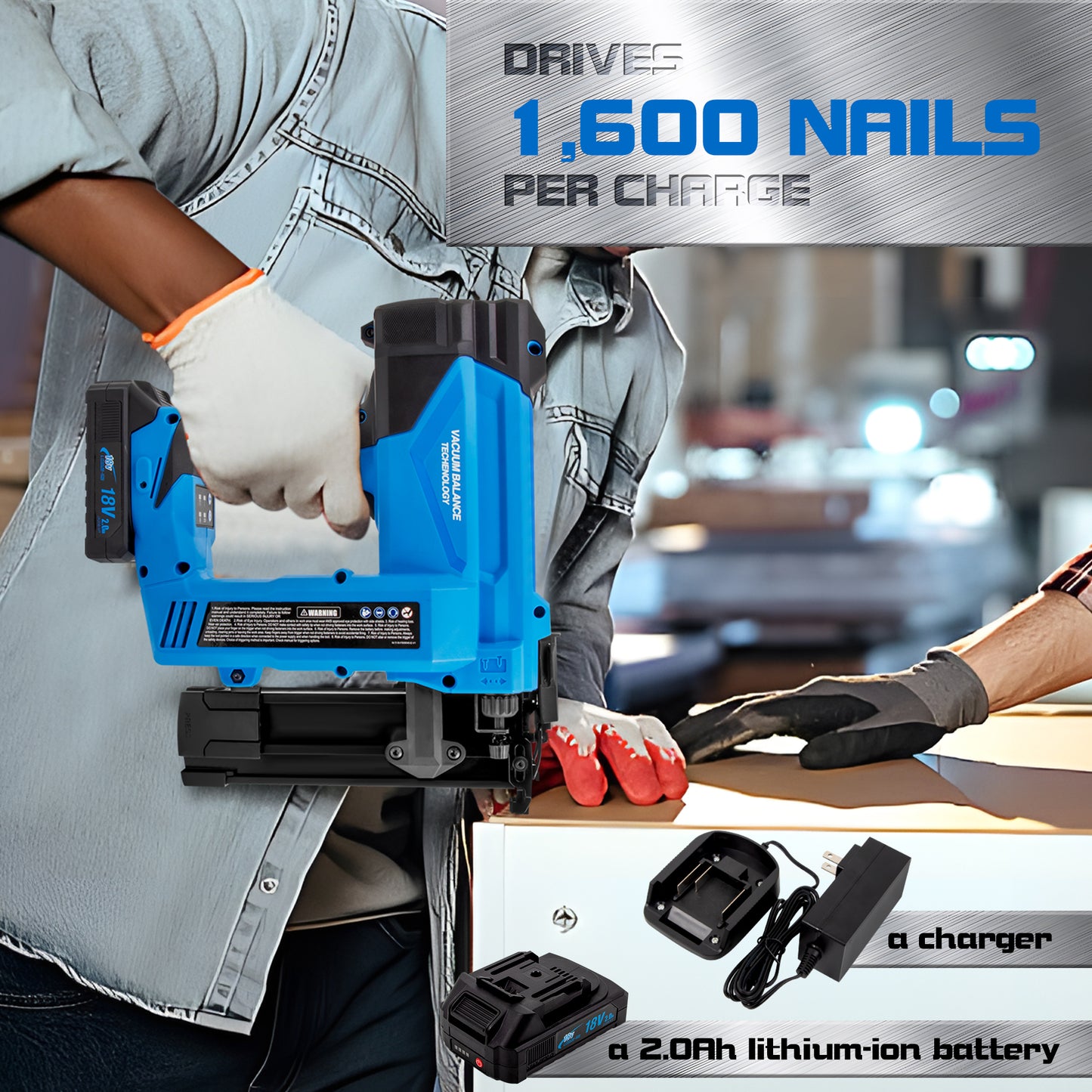 TIQTAK Ti18-F509040 Cordless Brad Nailer with Battery, 2-In-1 Electric Nail Gun/Staple Gun Drives 1600 Nails per Charge, 18 Gauge 5/8’’ to 2’’ Nails and 1/2’’ to 1-5/8’’ Staples