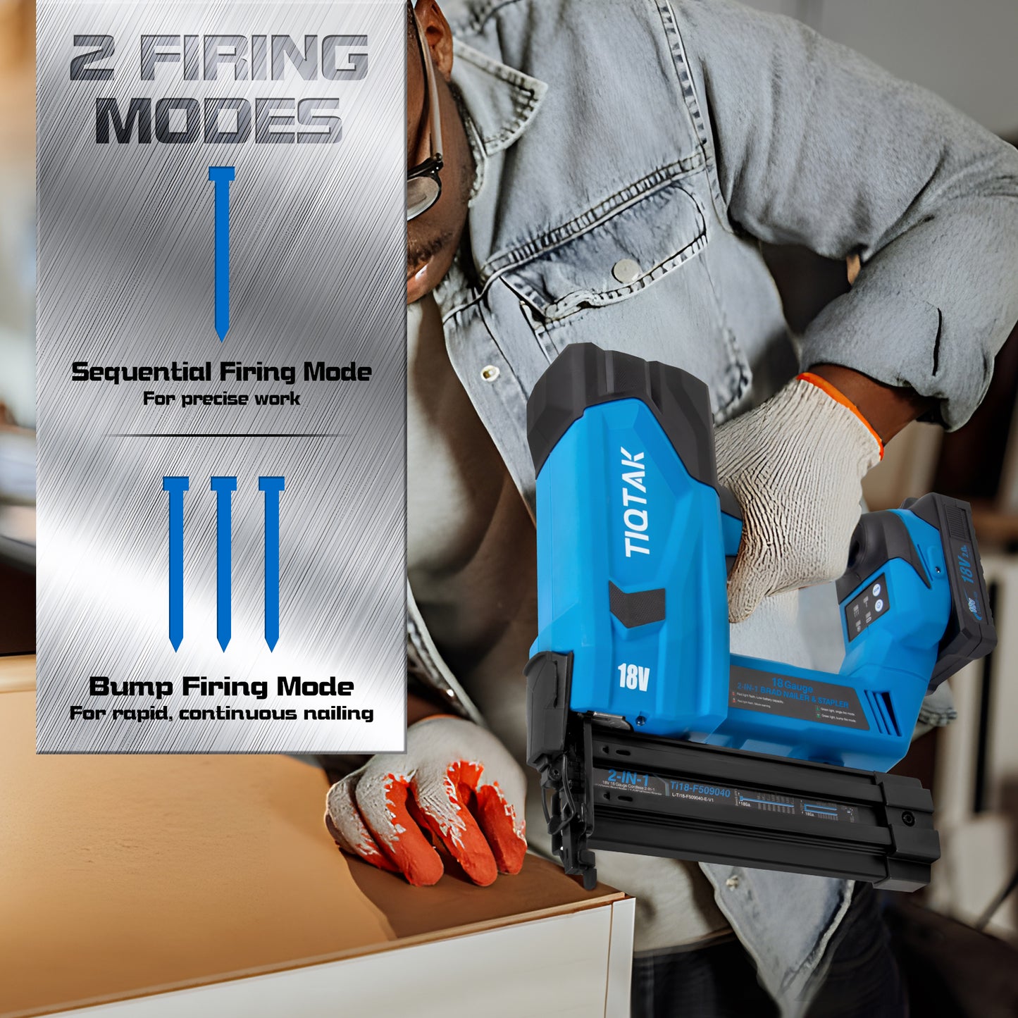 TIQTAK Ti18-F509040 Cordless Brad Nailer with Battery, 2-In-1 Electric Nail Gun/Staple Gun Drives 1600 Nails per Charge, 18 Gauge 5/8’’ to 2’’ Nails and 1/2’’ to 1-5/8’’ Staples