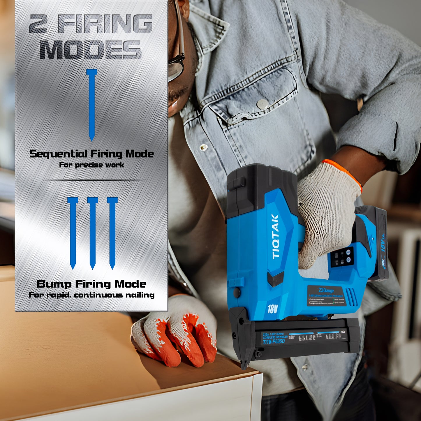 Ti18-p635D Pin Nailer 23 Gauge Cordless, Nail Gun Battery Powered, 4000 Nails per Charge, Brad Nailer Drives 5/8" to 1-3/8" Nails